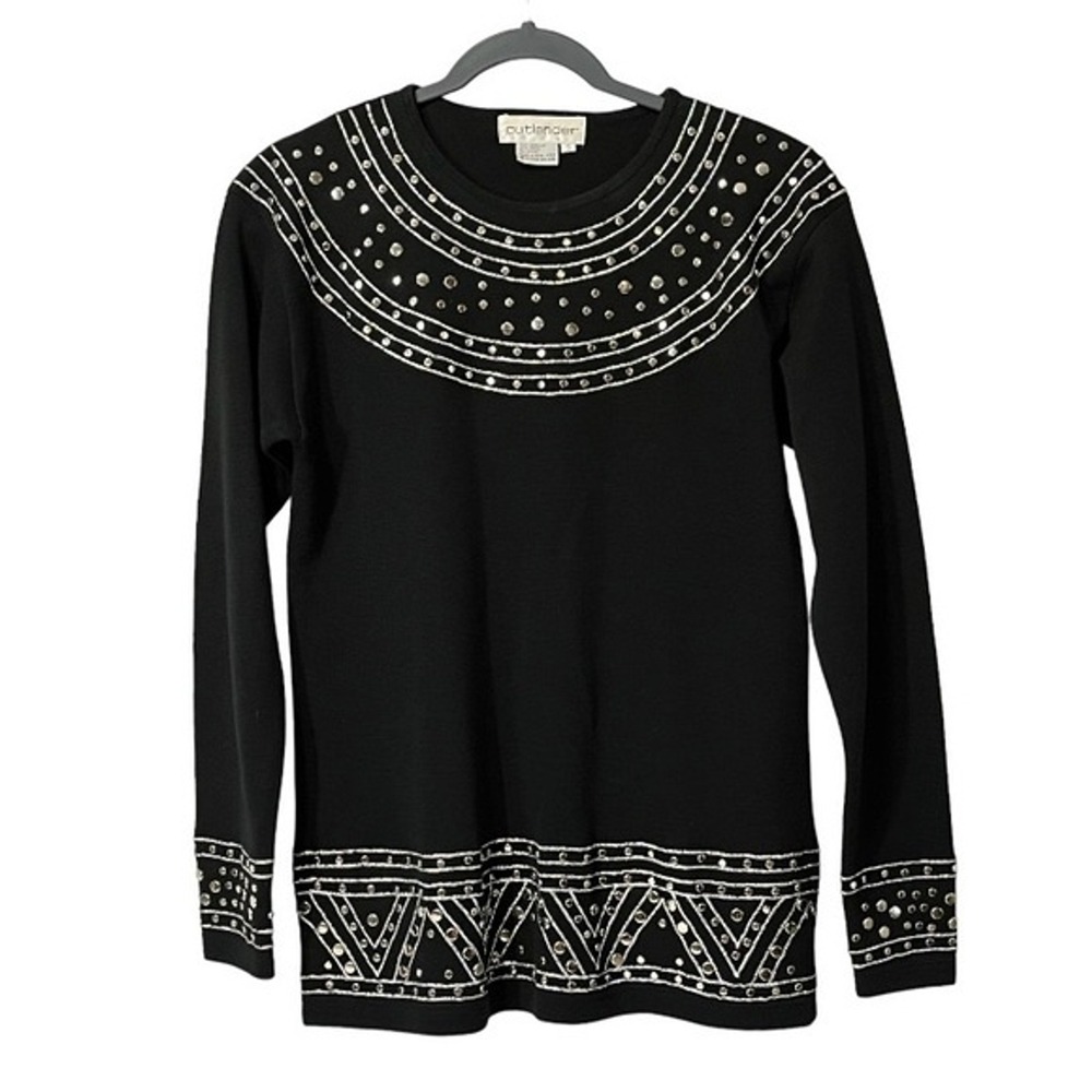 Outlander Black Embellished Long Sleeve Sweater‎ Top Studded Neckline Cuffs